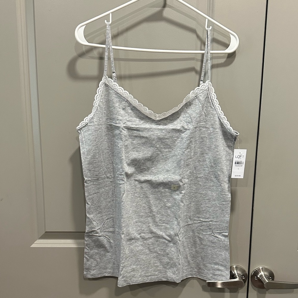 NWT Grey adjustable LOFT tank with lace neckline, size large